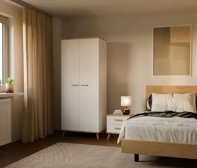 Produktbild von Kleiderschrank Luxi 2-türig 80 cm breit Weiß/Eiche skandinavisches Design mit Kleiderstange und Regalböden