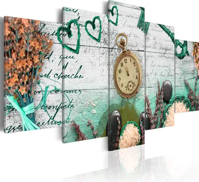 Produktbild von Modernes Wandbild f-A-0011-b-o (150x75) - 5 Teilig Bilder Fotografie auf Vlies Leinwand Foto Bild Dekoration Wand Bilder Kunstdruck Uhr Herz Blumen