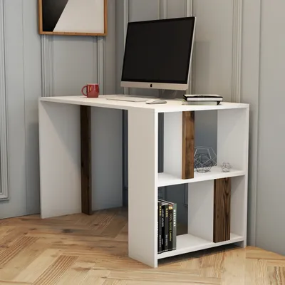 Produktbild von Skye Decor, Lima - White, Walnut, Schreibtisch, Weiß, 100 % MELAMINBESCHICHTETE SPANPLATTEN, 120 x 60 x 75,4 cm