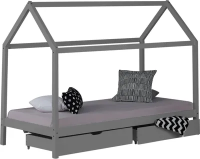 Image de Lit D'Enfant avec Matelas 90x200 cm Lit Maison Lit Cabane Lit Montessori Lit Bois Gris Tiroir