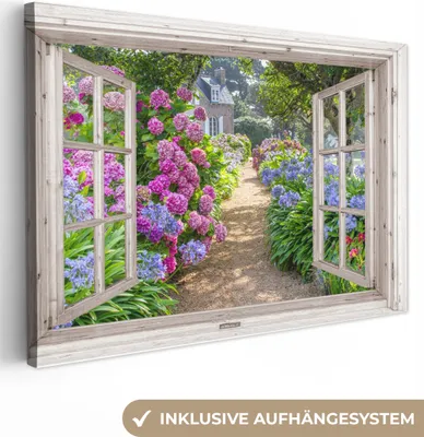 Obrázok produktu pre OneMillionCanvasses® - Obrazy na plátne - 140x90 cm, Hortenzie - Priehľadné - Kvety - Leto - Fialová - Cesta, - Otvorené okno - Pohľad z okna Spálňa Umenie Tlač Nástenná dekorácia - Fotografia na plátne - Obraz na plátne
