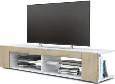 Produktbild von Vladon Lowboard Movie, TV-Kommode mit 4 offenen Fächern und Zierleisten, Weiß matt/Eiche Sägegrau (134 x 29 x 39 cm)
