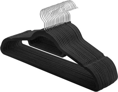 Obrázek produktu pro Sametový věšák - 20 kusů, tloušťka 0,5 cm, protiskluzový povrch, dva zářezy, háček otočný o 360° - černý