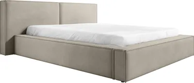 A modern upholstered bed frame with a mattress on a white background.