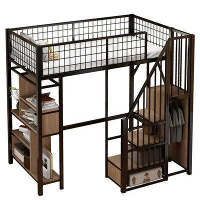 Produktbild von Multifunktionales Hochbett 90 x 200 cm, Metallbett mit Stauraum, Ablageflächen und Treppe, Erwachsenenbett und Kinderbett, Schwarz