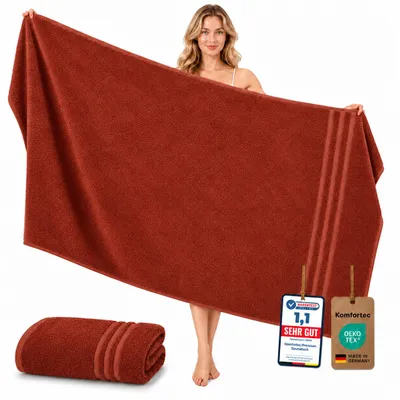 Produktbild von Komfortec Badetuch 100x200 cm aus 100% Baumwolle, Saunatuch XXL, Weich, Groß, Frottee, Schnelltrocknend, Rostbraun, KI-generiertes Bild
