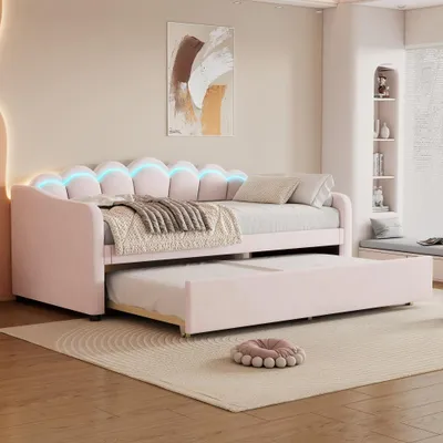 Image de Lit convertible avec tiroir de rangement, éclairage LED changeant de couleur, canapé-lit polyvalent, lit simple et lit double sans matelas, dimensions 90x200 cm, couleur rose
