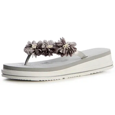 Produktbild von topschuhe24 1432 Damen Zehentrenner Blume Sandalen Sandaletten , Farbe:Grau, Größe:37 EU