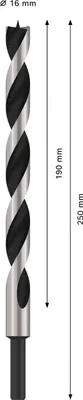Imagen del producto de Taladro para madera con punta tipo "M", diámetro: 16 mm, longitud total: 250 mm