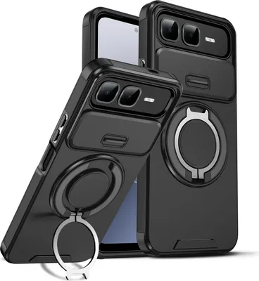 Image de Étui double couche pour Infinix Smart 10 Plus, avec couvercle coulissant pour l'appareil photo et anneau magnétique Noir