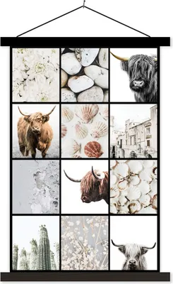 Produktbild von MuchoWow® Textilposter Schottisches Hochlandrind - Collage - Blumen - Muscheln 60x90 cm mit schwarzem Rahmen - Poster Wohnzimmer