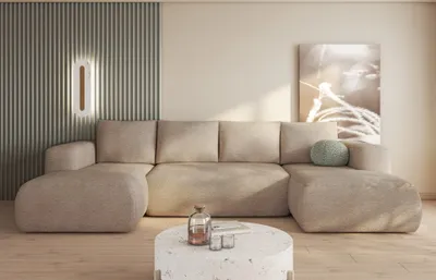 Produktbild von Easy4You Lambi Hellbeige Ecksofa U-Form 338 x 89 x 164 cm mit Schlaffunktion und Stauraum - Schlafsofa mit Bettkasten - Moderne Wohnzimmermöbel – Stoff: Boucle 06