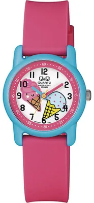 Produktbild von Q&Q Kinderuhr, Modell VR41J007Y. Kinderuhr aus Kunststoff, violettes Farbband und mehrfarbiges Zifferblatt. Analoge Uhr für Kinder. WR 100 mt.