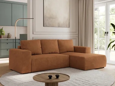 Produktbild von MKS MEBLE Sofa mit Schlaffunktion - Ecksofa mit Schlaffunktion und Bettkasten - Sofa 3 Sitzer - Schlafsofa - Couch - Schlafsofa mit Bettkasten - Trentino L - Orange Stukture - Rechts