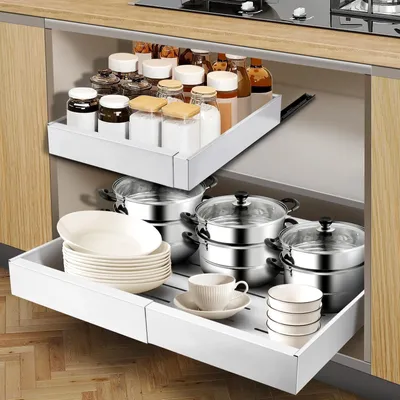 Zdjęcie produktu dla Omgoods - Wyciągany organizer do szuflady, wykonany z wysokiej jakości stali, kolor biały