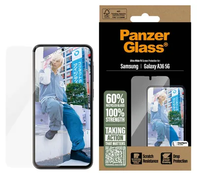 Zdjęcie produktu dla PanzerGlass ® Screen Protector Samsung Galaxy A36 5G | Ultra-Wide Fit, Samsung, Samsung - Galaxy A36 5G, Aplikacja na sucho, Odporny na zadrapania, Odporny na wstrząsy, Przezroczysty, 1 szt.