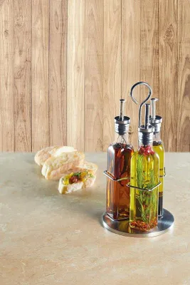 Produktbild von Famanu Öl- und Essigspender aus Glas - 2-in-1 Flasche mit Korkverschluss - Weindruiven-Design - 50 + 300 ml