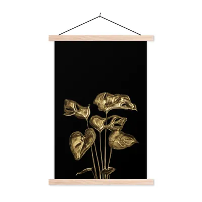 Produktbild von MuchoWow® Textilposter Blätter - Herz - Gold 120x180 cm mit holzfarbenen Rahmen - Textil-Plakat