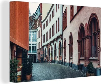 Produktbild von OneMillionCanvasses® - Leinwandbilder - 140x90 cm, Straße in der Altstadt von Frankfurt, Deutschland, Wandbilder Kunstdruck Wanddekoration - Foto auf Leinwand - Gemälde auf