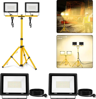 Produktbild von UISEBRT LED Baustrahler Arbeitsleuchte 2*100W 8500LM Warmweiß LED Fluter Floodlight inkl. Stativ und 3M Kabel Arbeitsscheinwerfer IP66