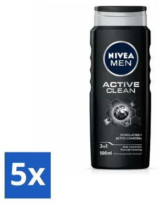 Produktbild von 5 x NIVEA MEN Active Clean 3-in-1 Duschgel - 500 ml - Vorteilspackung - 5 Stücke