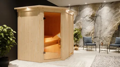 Produktbild von Karibu Sauna Innensauna Siirin Eckeinstieg Ofen 9 KW externe Strg easy 210x184x202 cm mit Dachkranz mit Bronzierte Tür