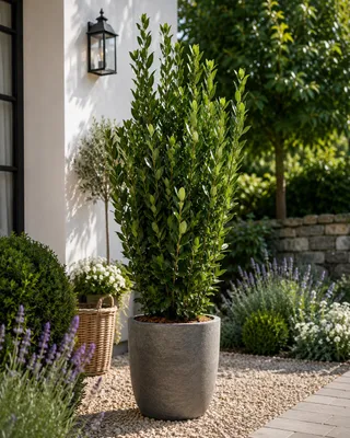Immagine prodotto di Alloro (Laurus nobilis) – Altezza: 160–200 cm – Albero di alloro vero, pianta da vaso mediterranea ideale per terrazzi, balconi, giardini e serre invernali, Immagine generata dall'IA
