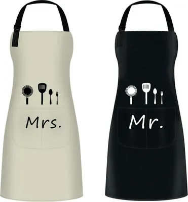 Produktbild von ETLEE Mr. & Mrs Küchenschürze mit verstellbarem Nackenbügel und 2 Taschen - Schwarz Beige