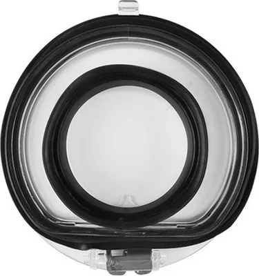 A close-up, top-down view of a clear plastic component with a black rubber seal, likely a part of a vacuum cleaner.
