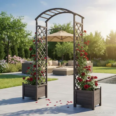 Produktbild von Rosenbogen Schwarz mit Blumenkübeln Spalier Rankhilfegitter Holz Pergola Gestell