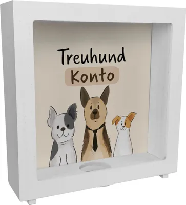 Produktbild von Hunde Rahmen Spardose aus Holz mit Spruch Treuhundkonto