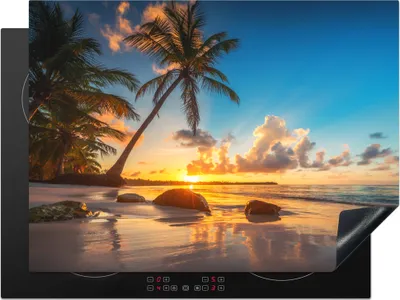 Produktbild von KitchenYeah© Herdabdeckplatte Strand - Meer - Palme - Sonnenuntergang , 71x52cm, Küche Deko, Glaskeramikkochfeld Herdabdeckung, Abdeckplatte fùr Kochfeld