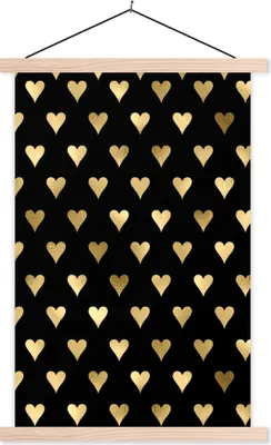 Produktbild von MuchoWow® Textilposter Muster - Herz - Gold 120x180 cm mit holzfarbenen Rahmen - Textil-Plakat