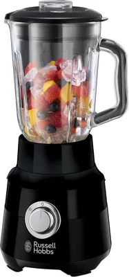 A Russell Hobbs blender filled with fruit and ice is shown against a white background.