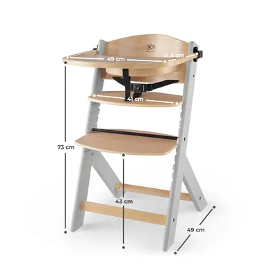 A high chair with dimensions indicated by lines and text.