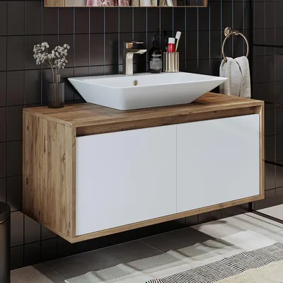 Produktbild von Roomart ATLANTIC-100 Badmöbel-Set 2-teilig 100 cm breit, Weiß-Eiche