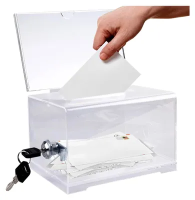 Produktbild von Acryl-Spenden-Wahlurne mit Schloss: 16x12x10 cm, transparente Wahlurne mit Schlüssel, Losbox mit Schloss, Vorschlagsbox, transparente Aufbewahrungsbox für Stimmzettel