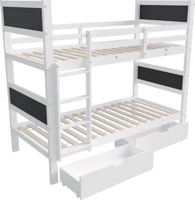 Immagine prodotto di Lussuoso letto a soppalco / letto a castello per bambini - 2 letti - 90x200cm - Con scala angolare, ringhiera di sicurezza, cassetti e piano di disegno - Bianco - Legno massiccio e MDF