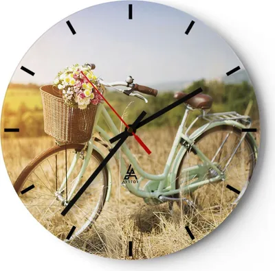 Produktbild von Wanduhr - Rund - Glasuhr - Fahrrad Wiese Blumen - 40x40cm - Schleichendes Uhrwerk - Lautlos - zum Aufhängen bereit - Dekoration Modern - Wanddekoration aus Glas - C3AR40x40-4206