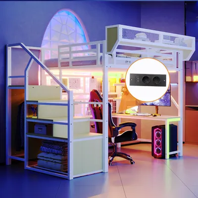 Produktbild von Flieks Etagenbett 140x200cm mit Schreibtisch und Ablagen, Kinderbett Jugendbett mit Led und Ladefunktuion, Doppelbett Hochbett mit Kleiderstange, Weiß