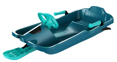 A teal and green plastic sled with a steering wheel and handles, isolated on a white background.