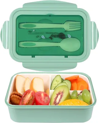 Obrázek produktu pro Obědové boxy, Bento boxy, Obědové boxy, Nepropustné obědové boxy pro děti i dospělé, Bento obědové boxy se 3 přihrádkami a příbory, Nádoby na potraviny bez BPA, Vhodné do mikrovlnné trouby a myčky nádobí