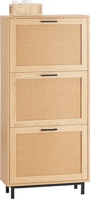 A tall, narrow wooden shoe cabinet with three flip-down doors, each featuring a rattan insert.