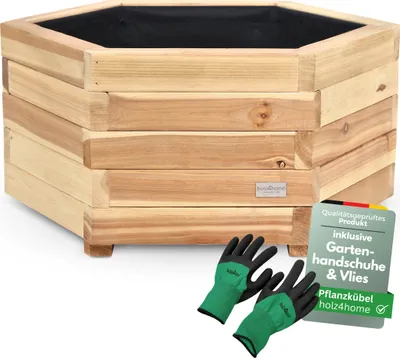Produktbild von holz4home® Outdoor Pflanzkübel M I 6-Eckig aus Tannenholz inkl. Gartenhandschuhe & Vlies I Blumentopf Terrasse aus Holz I Pflanzkasten Pflanzenkübel