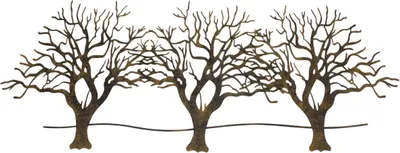 Three bare trees are depicted against a white background.