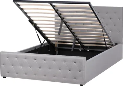 Produktbild von BELIANI Polsterbett Hellgrau Stoff mit Lattenrost 140 x 200 cm Bettkasten Hochklappbar Hohes Kopfteil Doppelbett Elegantes Modernes Chesterfield Design
