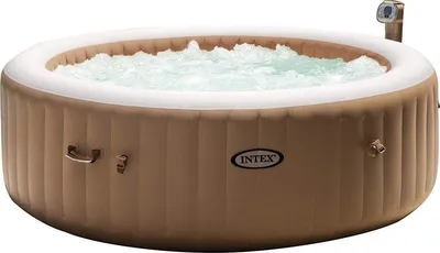An inflatable hot tub filled with water and bubbles, shown from a slightly elevated side angle against a white background.