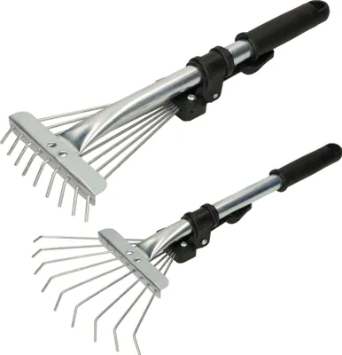 Image de KOTARBAU® Râteau à Feuilles Réglable Mini Râteau de Jardin Acier Galvanisé 20cm Argent Avec Manche Télescopique 2,5-10cm 9 Dents Flexibles Outil Léger