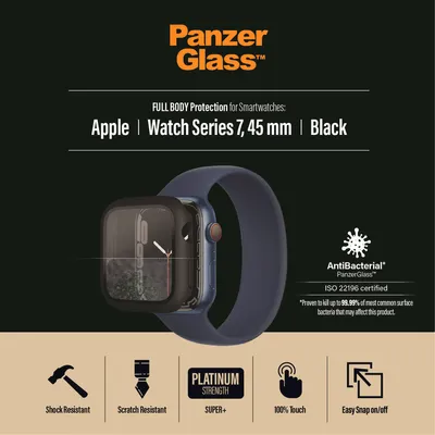 Zdjęcie produktu dla PanzerGlass ® Full body Case Apple Watch Series 9 | 8 | 7 | 45mm | Black, Apple, Apple - Watch Series 7 45mm, Apple - Watch Series 8 45mm, Aplikacja na sucho, Odporny na zadrapania, Odporny na wstrząsy, Czarny, 1 szt.