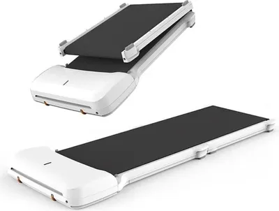 A white folding walking pad is shown in two configurations: folded and unfolded.
